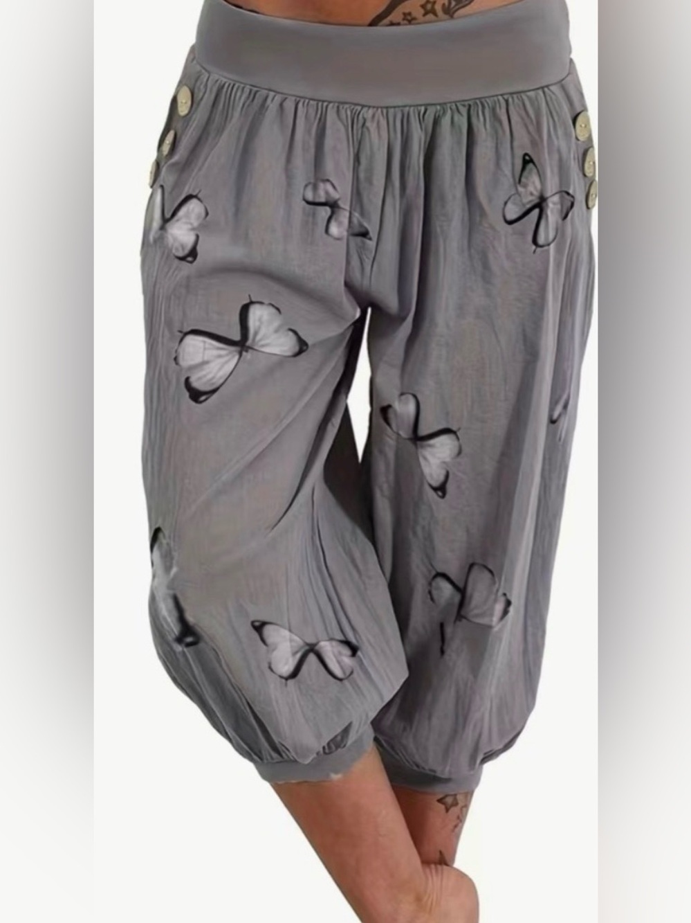 SHEIN Grey Butterfly Print Joggers with Button Detail Size 1X